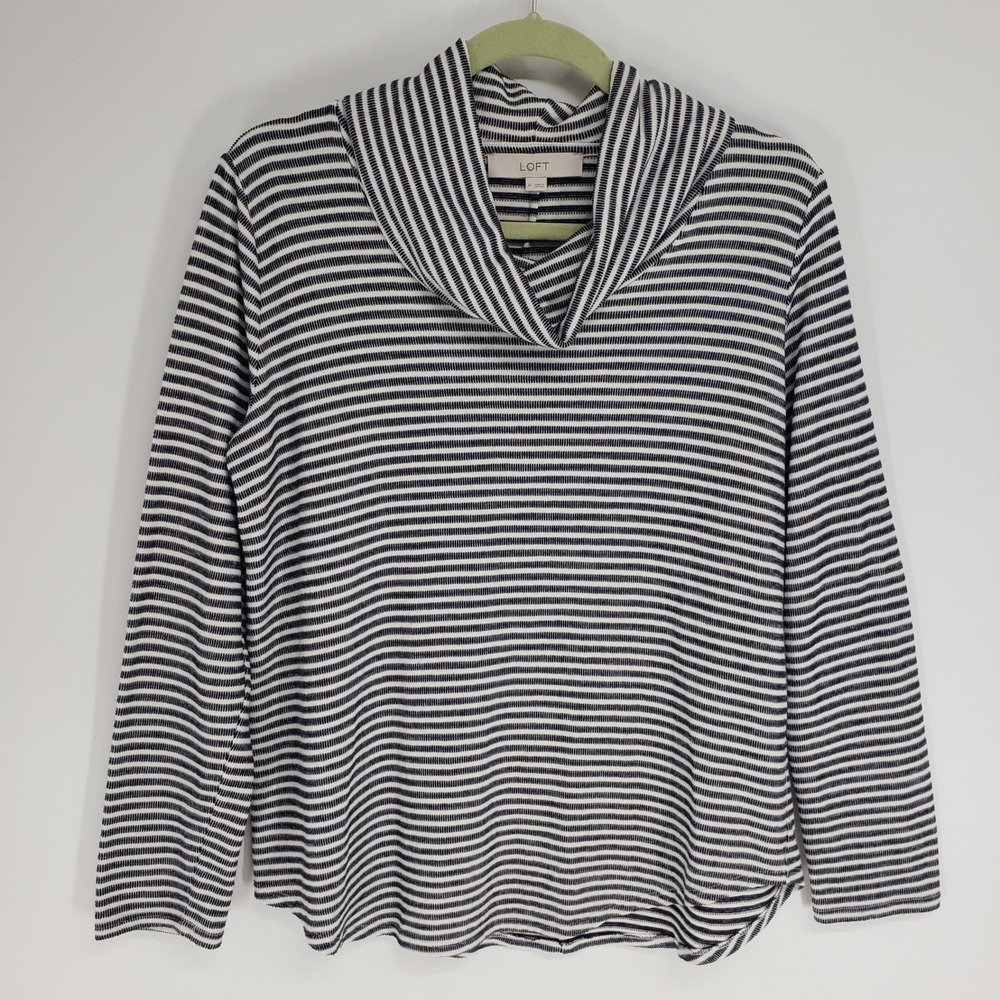 LOFT Striped Cowl Neck Top Women Medium Navy White Long Sleeve Knit Pullover
